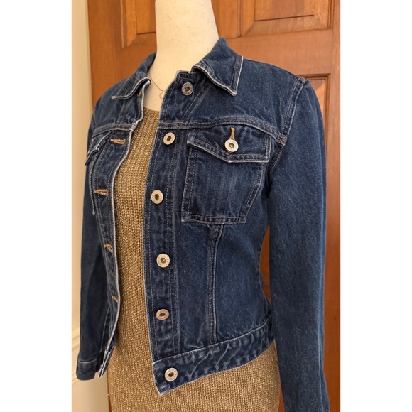 GUESS Jeans Cropped Denim Jacket Womens Small‎ Dark Wash Motorcycle Trucker Y2K - Picture 16 of 16